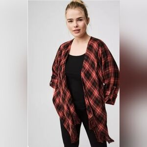 Torrid Orange/Brown Plaid Flannel Fringe Open Front Wrap Top Size 1 (1X)